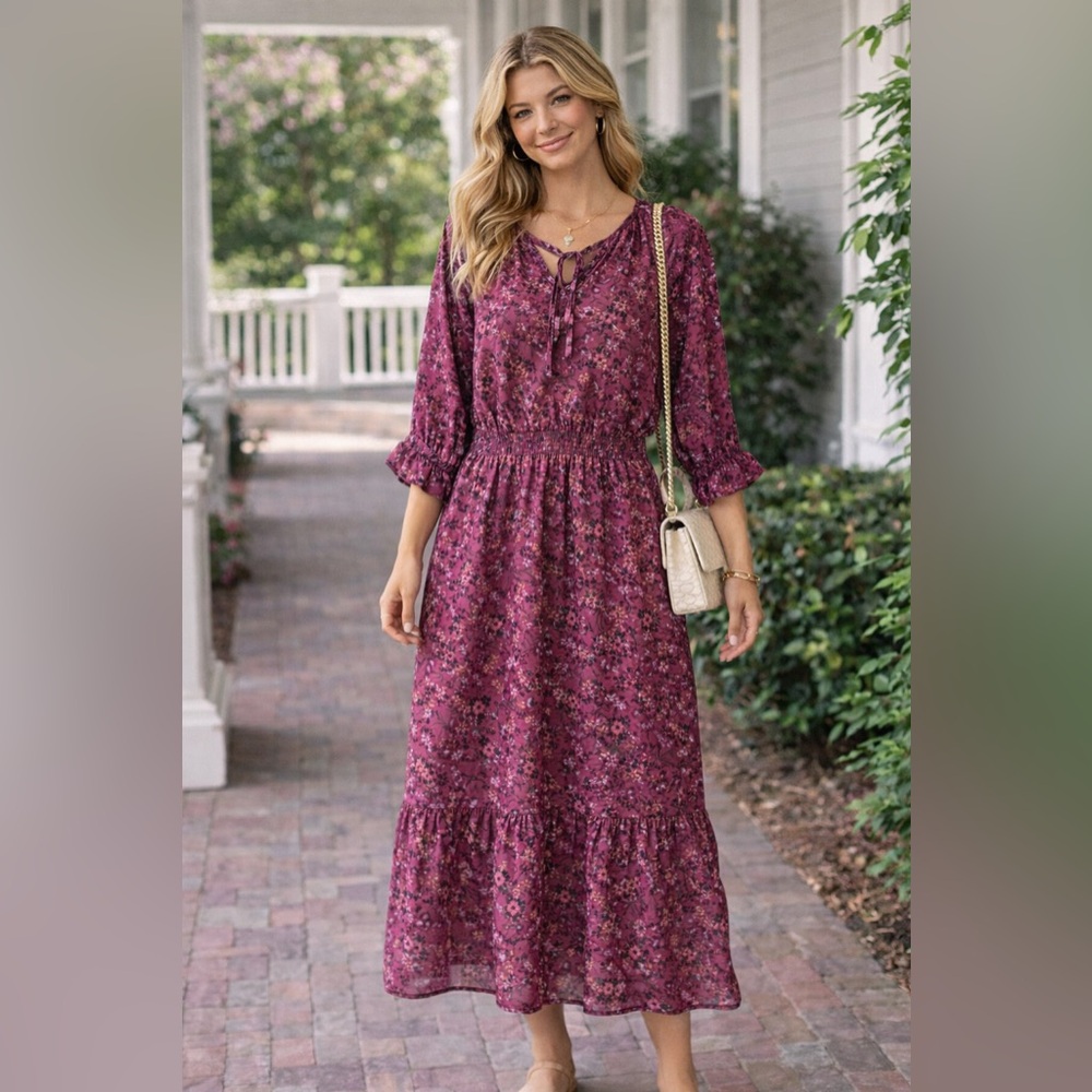 Women's Floral Midi Dress - Plum